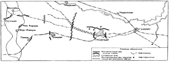Схема огневых заграждений, установленных на оборонительных рубежах в районе Грозного